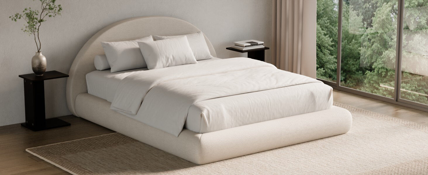 Modern beige upholstered king size bed with minimalist bedroom decor