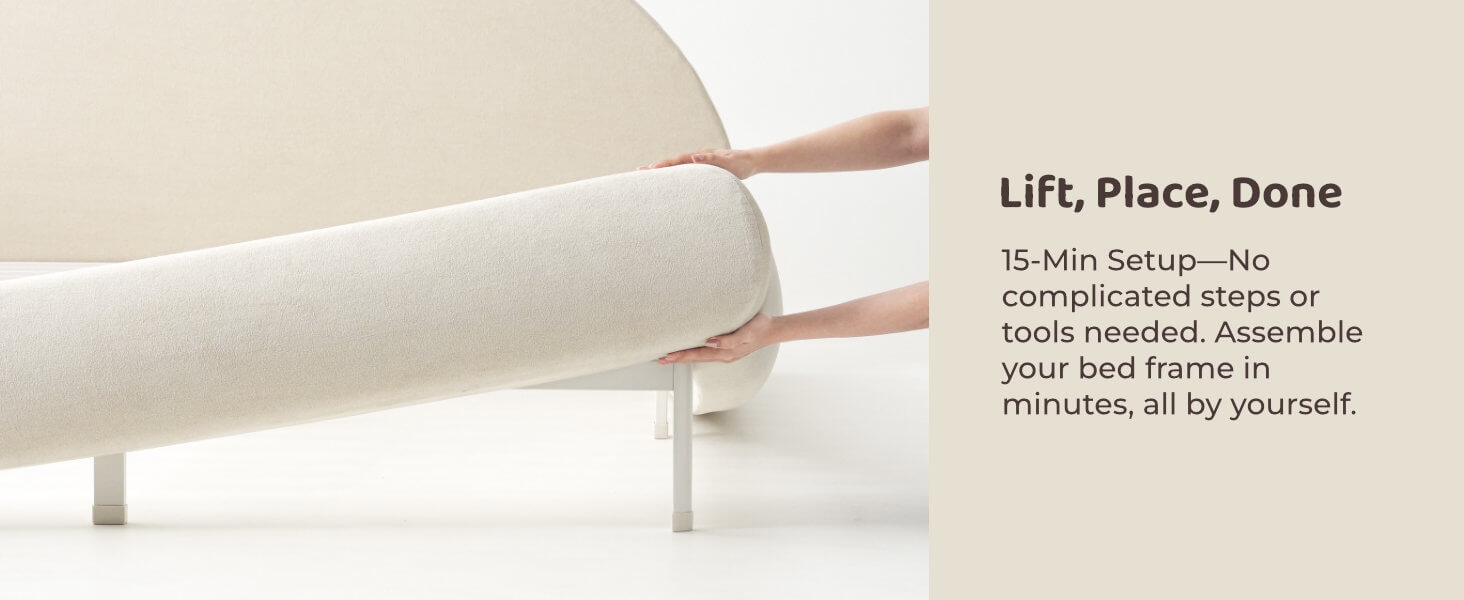 Easy-assembly curved upholstered bed frame, no tools required