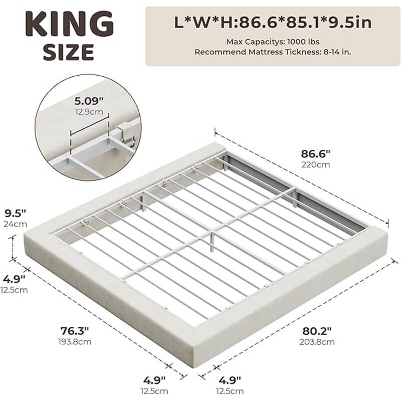 King size upholstered bed frame technical dimensions and load capacity 1000lbs