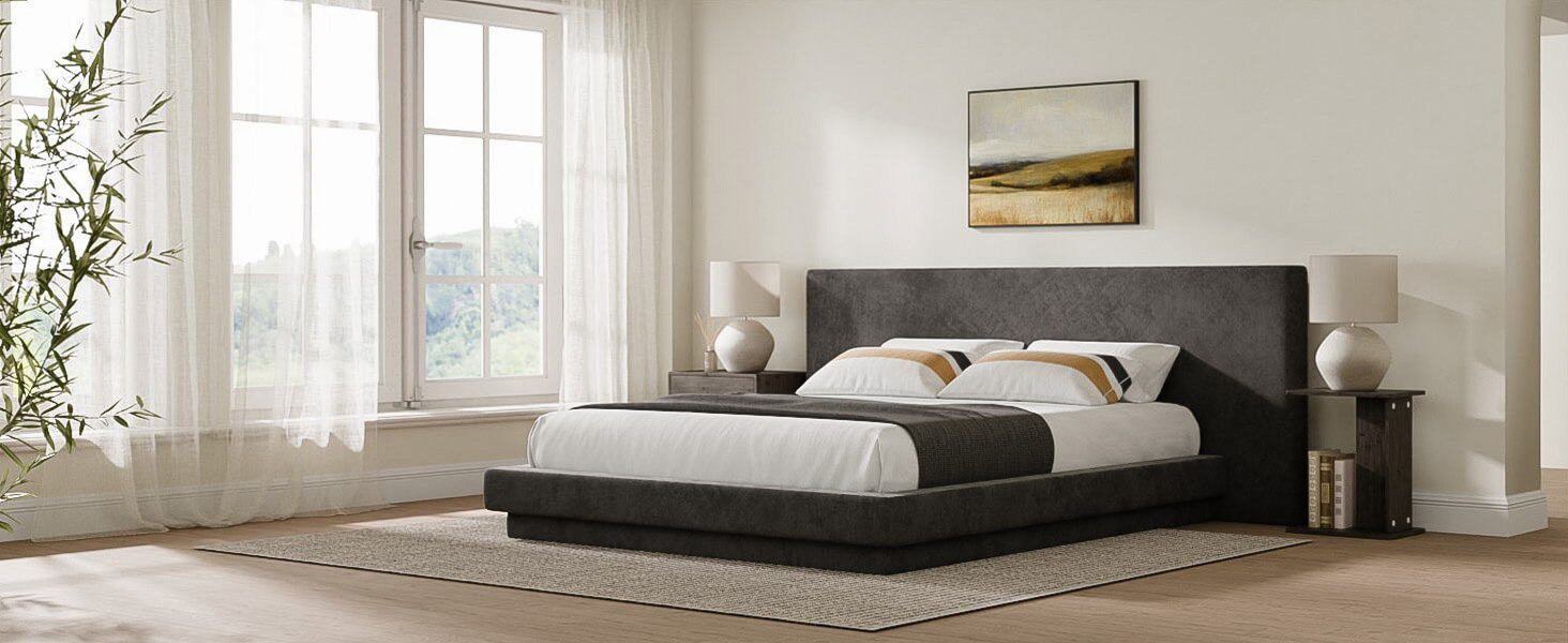 MX DREAM minimalist upholstered platform bed in a bright modern bedroom setting MX DREAM minimalist upholstered platform bed in a bright modern bedroom setting