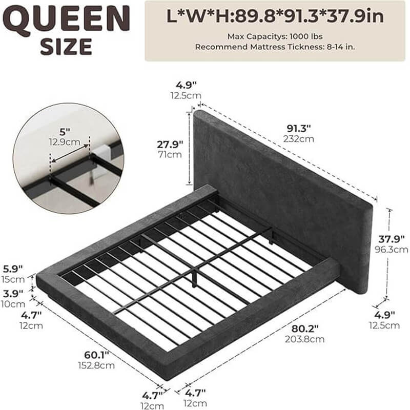 MX DREAM Queen size minimalist upholstered platform bed dimensions and specs
