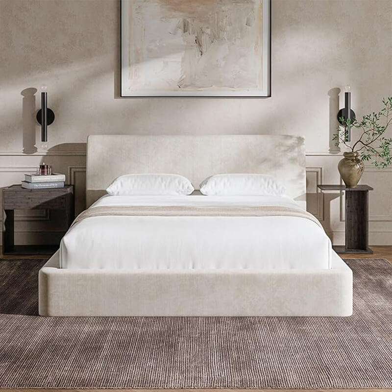 Person leaning against the ergonomic angled headboard of an MX DREAM upholstered bed for relaxation