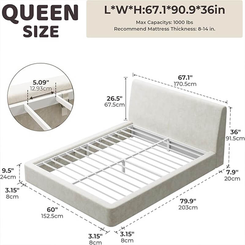 Dimension diagram for MX DREAM queen-size platform bed showing detailed measurements and structural specs