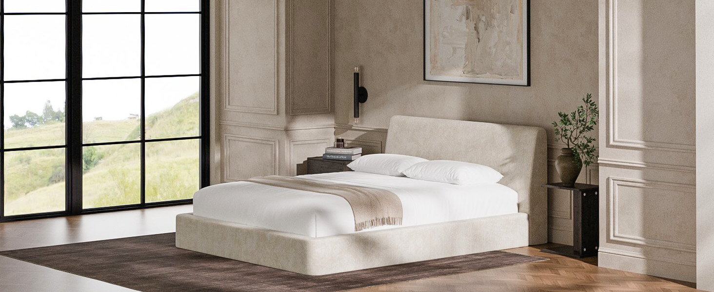 MX DREAM minimalist upholstered platform bed in a modern bedroom setting with warm decor