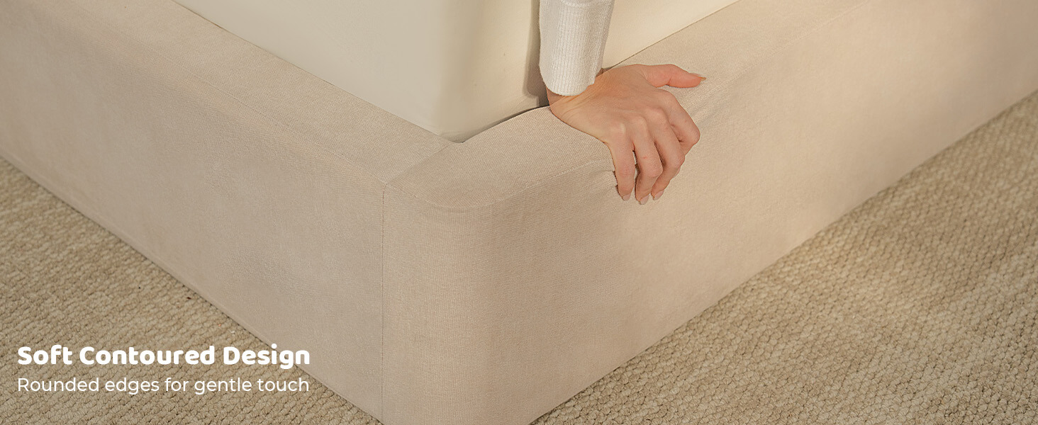 Close-up of MX DREAM upholstered bed frame featuring a soft, rounded edge design for safety and comfort