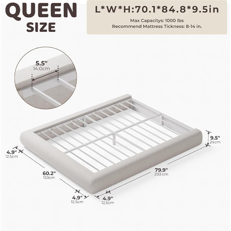 Technical dimensions of MX DREAM queen size minimalist platform bed frame with load capacity details.