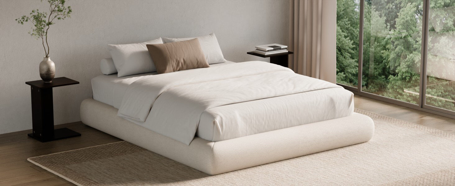 Modern low-profile platform bed frame by MX DREAM in a minimalist bedroom setting Modern low-profile platform bed frame by MX DREAM in a minimalist bedroom setting