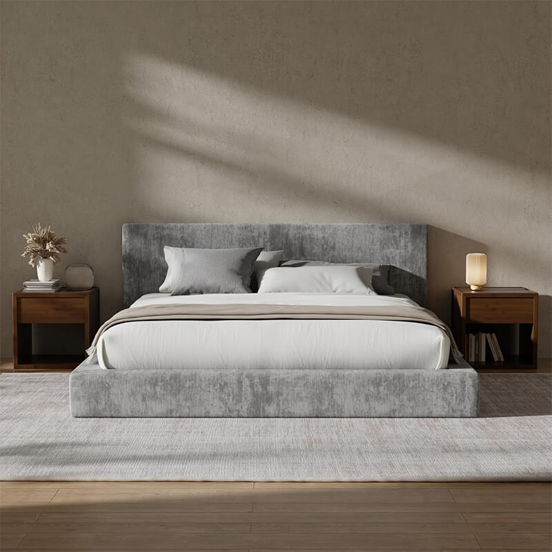 Modern bedroom interior featuring an MX DREAM upholstered platform bed frame with a minimalist design