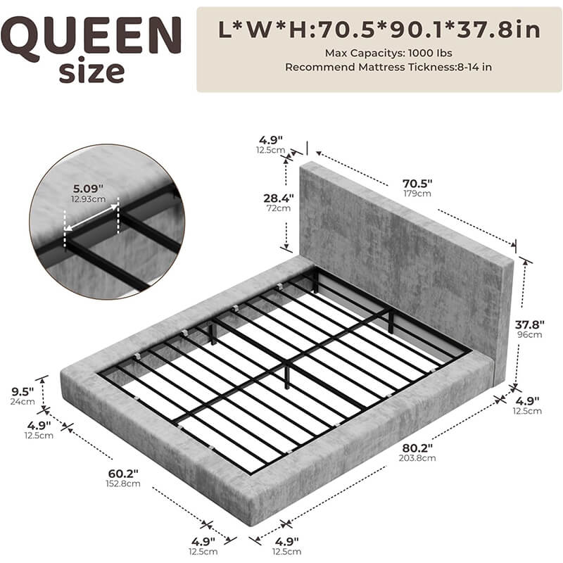 MX DREAM Queen size upholstered bed frame dimensions and technical specifications showing 1000 lbs max capacity
