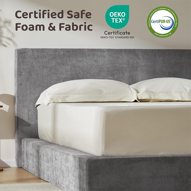 MX DREAM bed frame showing CertiPUR-US and OEKO-TEX certified foam and fabric for safe, eco-friendly usage