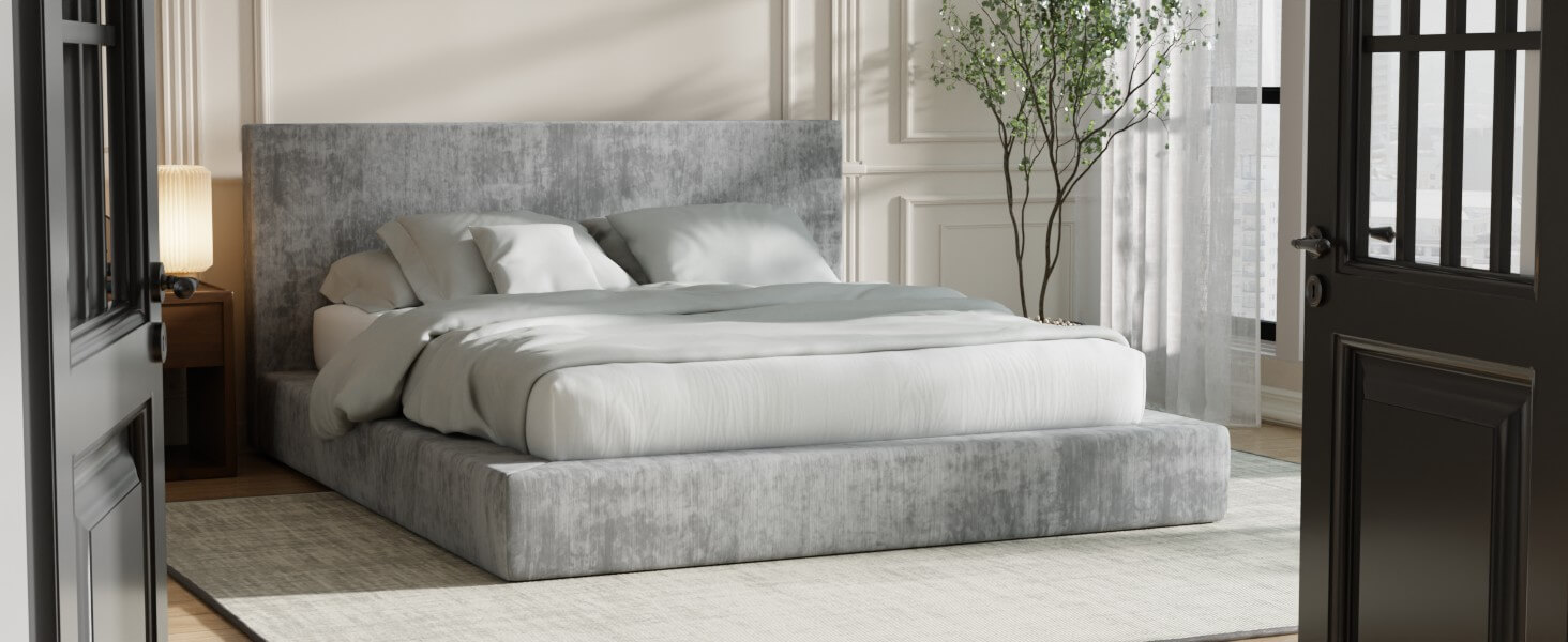 Minimalist MX DREAM upholstered platform bed frame in a luxury hotel style setting, suitable for residential or commercial projects