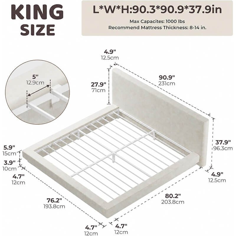 Dimension diagram of MX DREAM king size upholstered platform bed frame