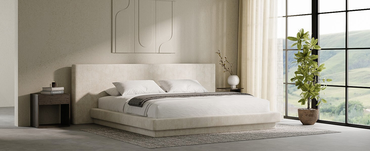MX DREAM cloud-like upholstered platform bed in minimalist modern bedroom setting