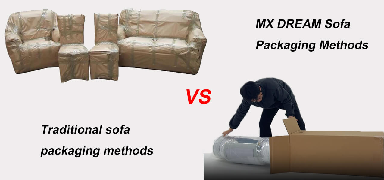 Comparison between traditional bulky sofa packaging and space-saving MX DREAM compressed sofa packaging Comparison between traditional bulky sofa packaging and space-saving MX DREAM compressed sofa packaging