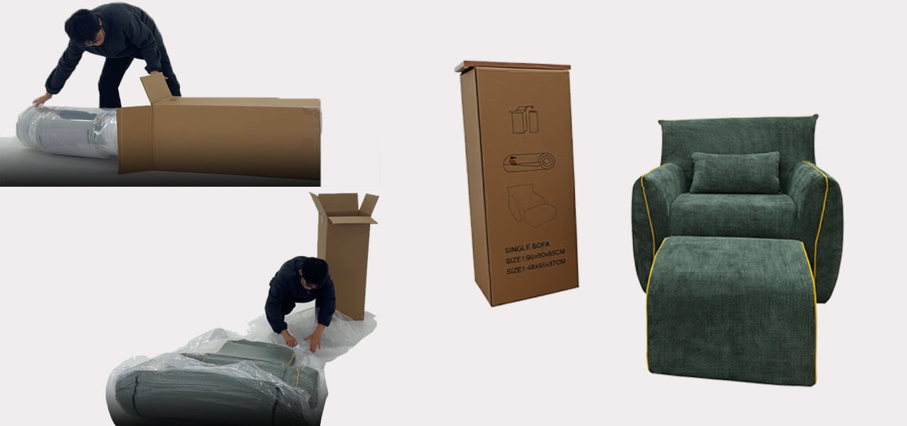 Unboxing process of an MX DREAM single sofa, showing the compressed furniture being removed from a compact shipping box Unboxing process of an MX DREAM single sofa, showing the compressed furniture being removed from a compact shipping box