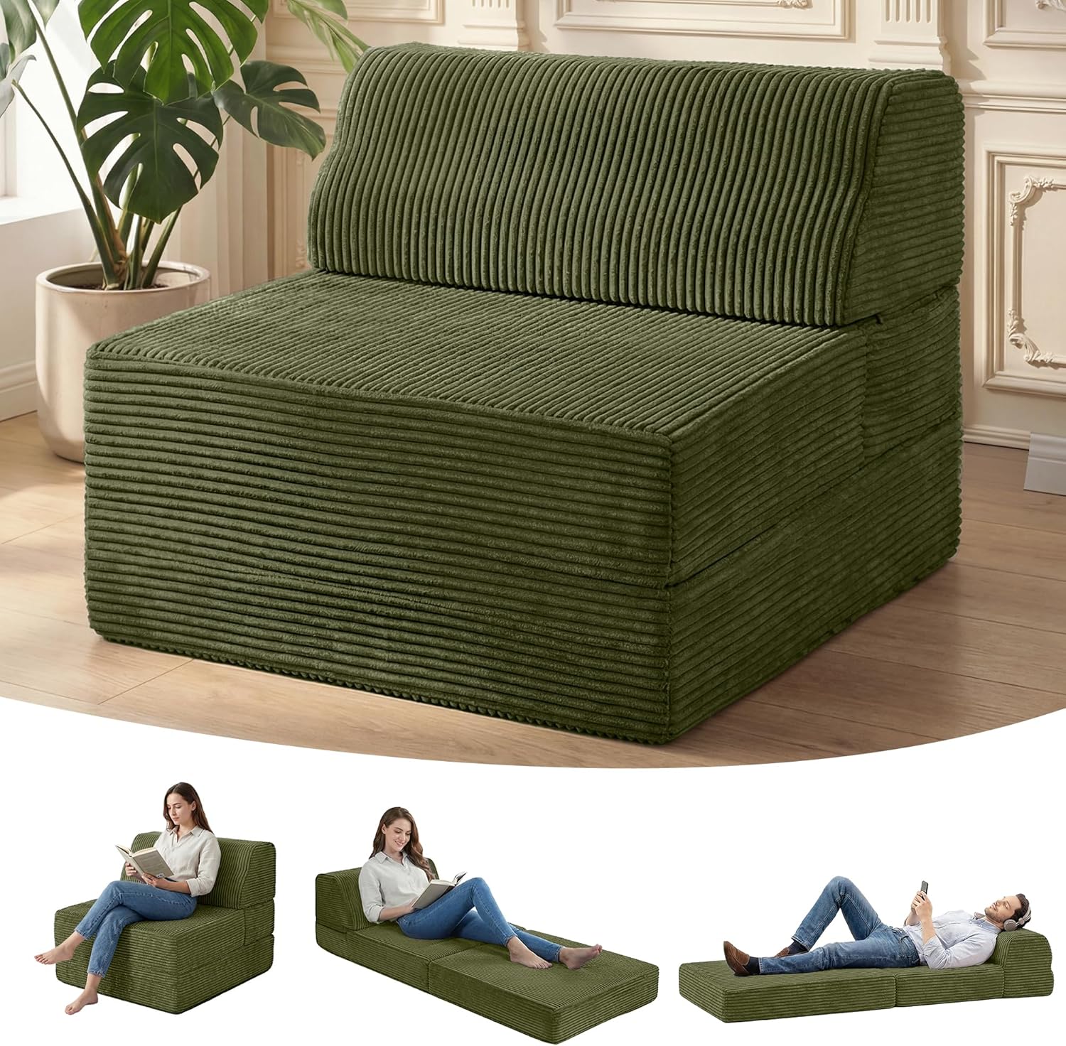 A person using the versatile green corduroy sleeper chair in a modern living room