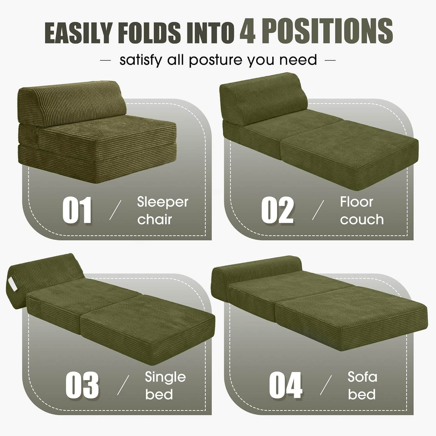 4-in-1 convertible floor sofa bed folded into sleeper chair, floor couch, single bed, and sofa bed