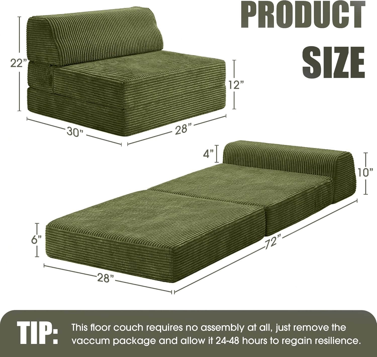 Dimensions of the 6-inch thick corduroy foldable mattress and sofa bed