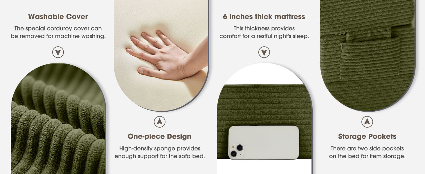 Features of the washable corduroy foldable sofa bed with storage pockets Features of the washable corduroy foldable sofa bed with storage pockets