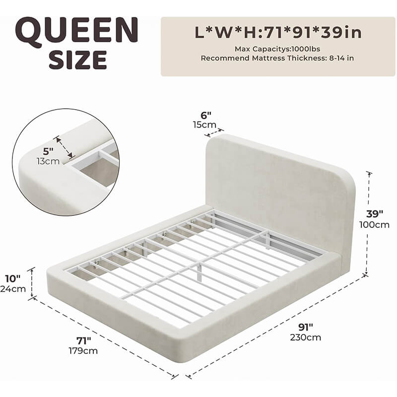Detailed dimension diagram of the MX DREAM Queen Size bed frame with technical specifications