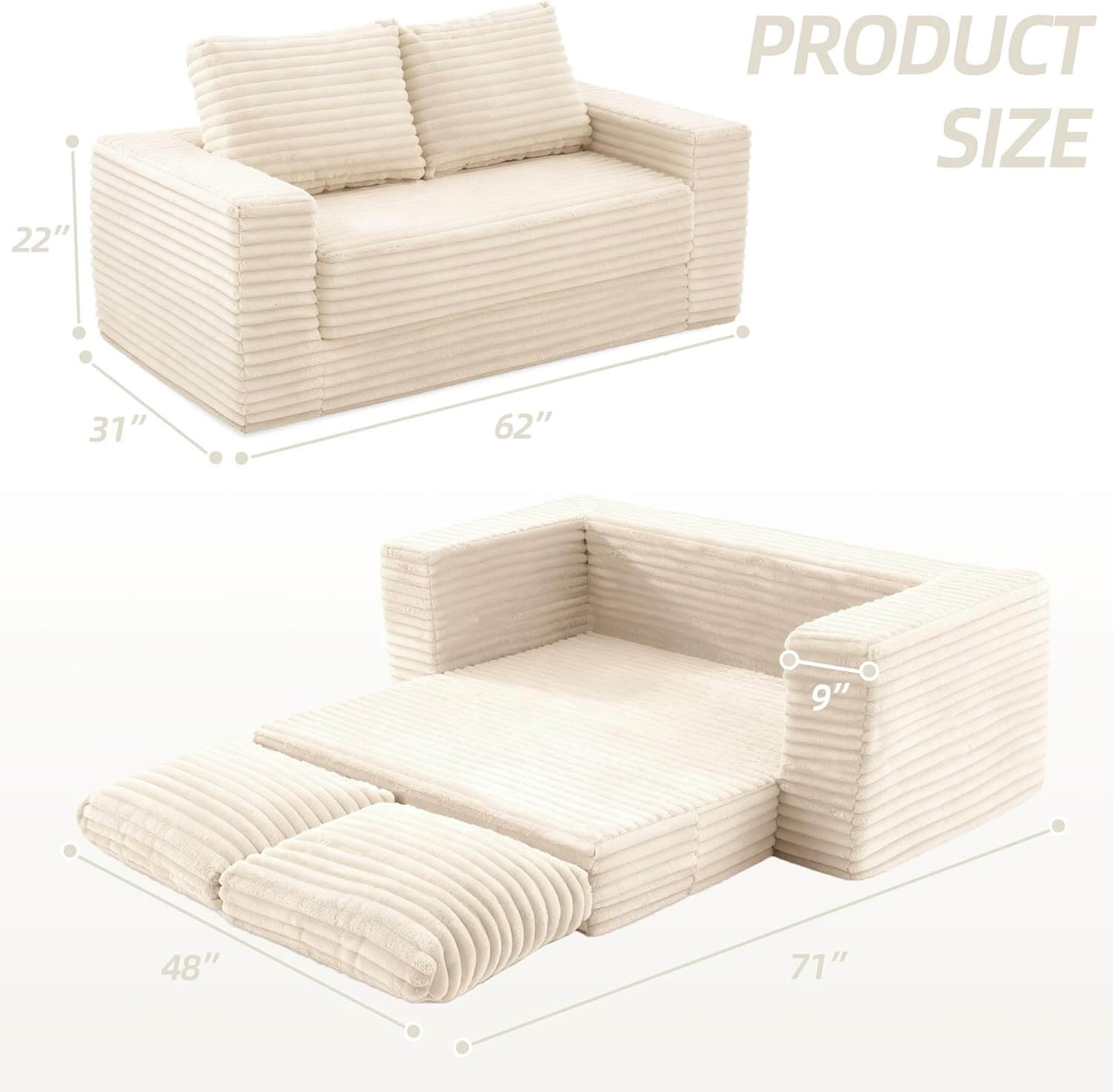MX DREAM 62-inch convertible corduroy sofa bed dimensions, showing sofa size (62x31x22in) and unfolded floor mattress size (71x48x22in).