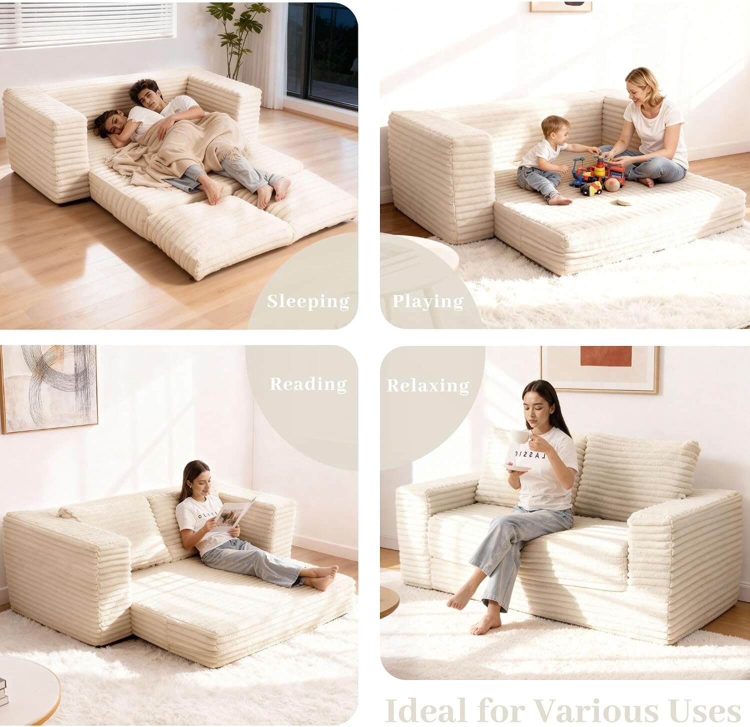 A collage of MX DREAM 4-in-1 convertible sofa bed usage: a couple sleeping, a family playing, a woman reading, and relaxing, demonstrating modular versatility
