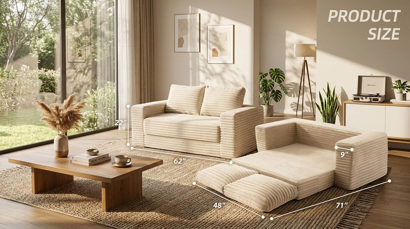 MX DREAM product size overview of the modular convertible corduroy sofa bed, highlighting dimensions for sofa mode, bed mode, and modular components MX DREAM product size overview of the modular convertible corduroy sofa bed, highlighting dimensions for sofa mode, bed mode, and modular components