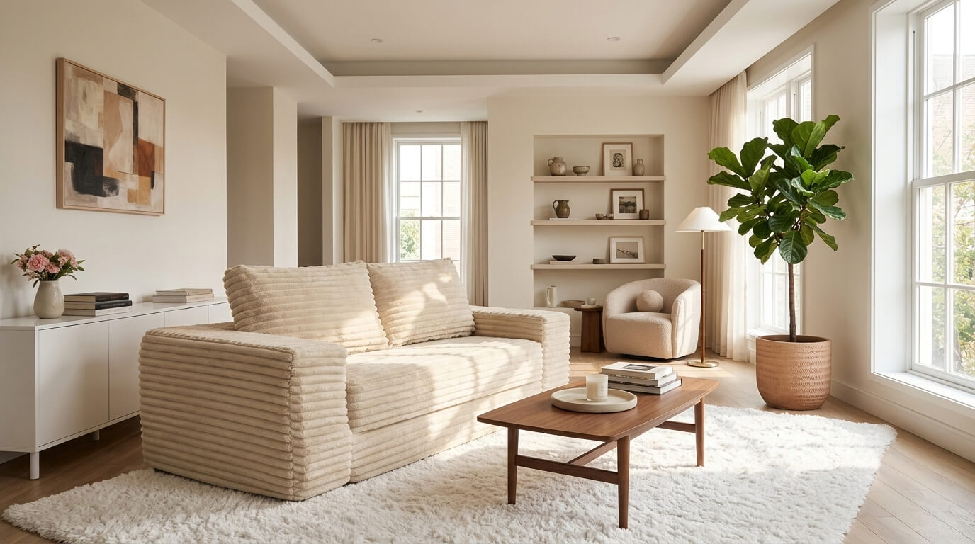 The MX DREAM 4-in-1 modular corduroy sofa bed perfectly placed in a bright, modern living room, styled as a comfortable loveseat The MX DREAM 4-in-1 modular corduroy sofa bed perfectly placed in a bright, modern living room, styled as a comfortable loveseat