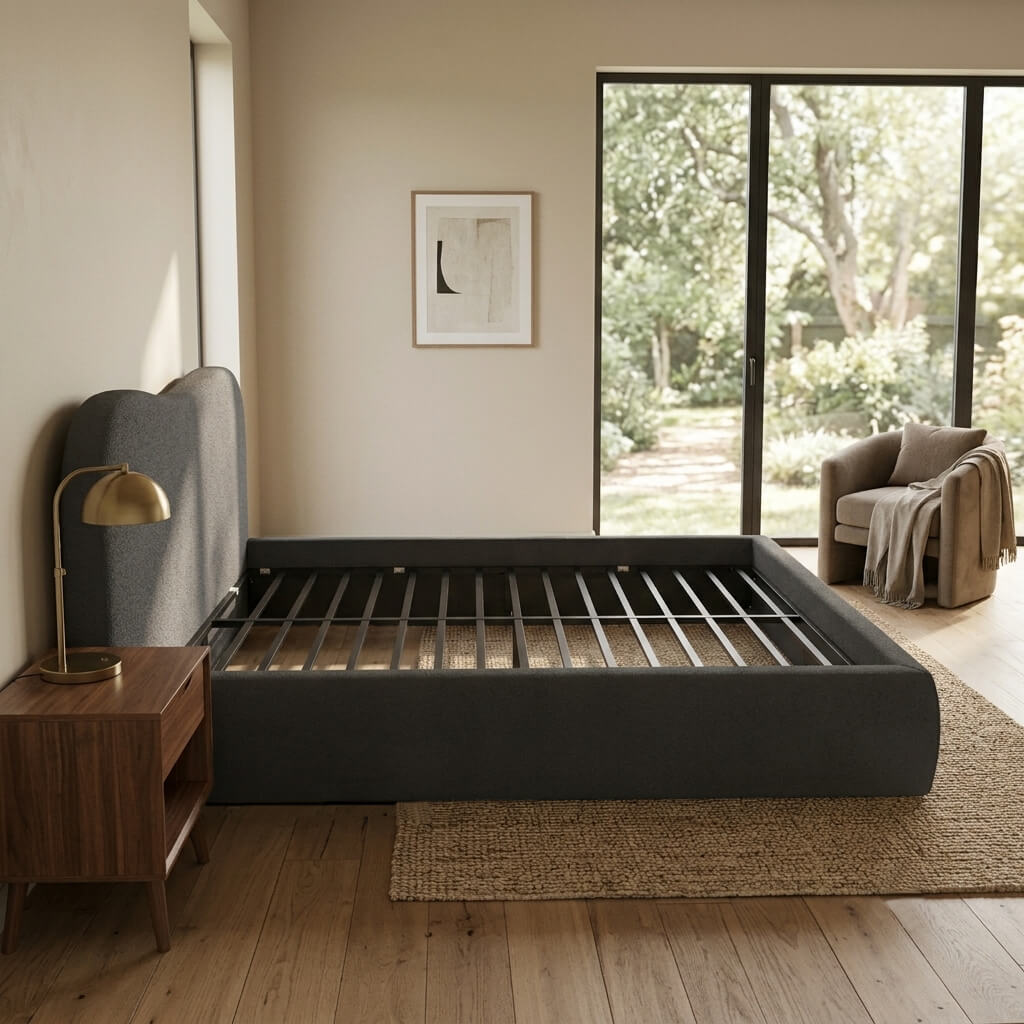 dark-grey-boucle-wave-bed-frame-side-view