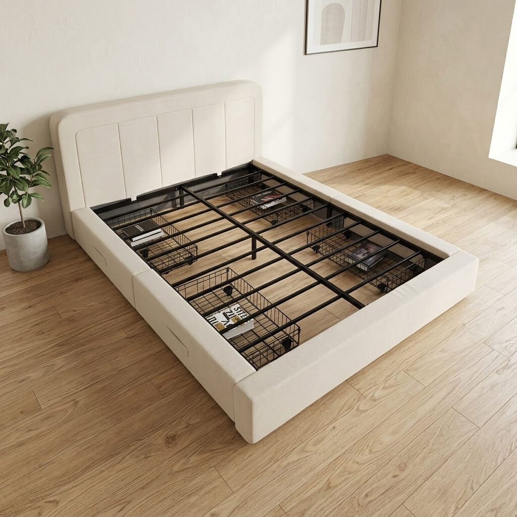 beige-fabric-storage-bed-frame-metal-drawers-inside-angle-shot